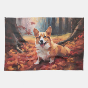 Corgi im Herbst inspiriert durch fallende Blätter Geschirrtuch