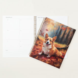 Corgi im Herbst inspiriert durch fallende Blätter Planer