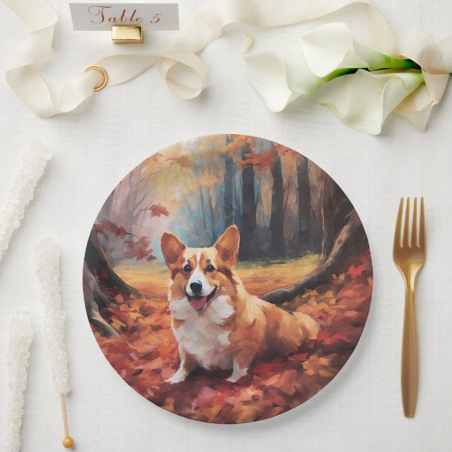 Corgi im Herbst Leaves Fall Inspiriert Pappteller (Hochzeit)