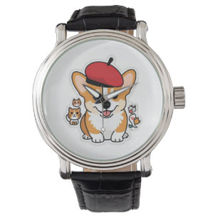 Corgi in a Beret - Niedliche Künstlerin mit Cat Fr Armbanduhr