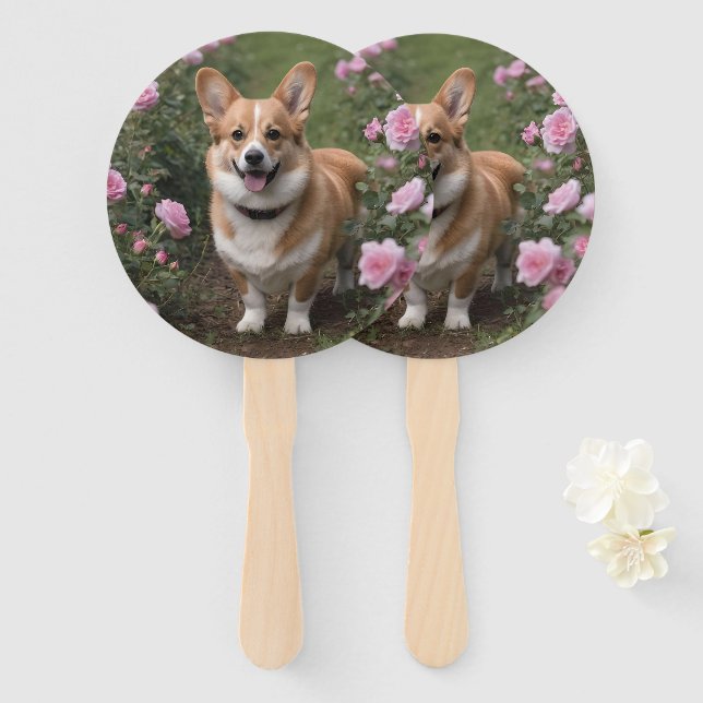 Corgi in den rosa Rosen, Fächer (Vorne und Hinten)