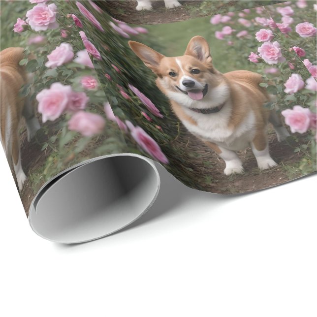 Corgi in den rosa Rosen, Geschenkpapier (Rolleneckpunkt)
