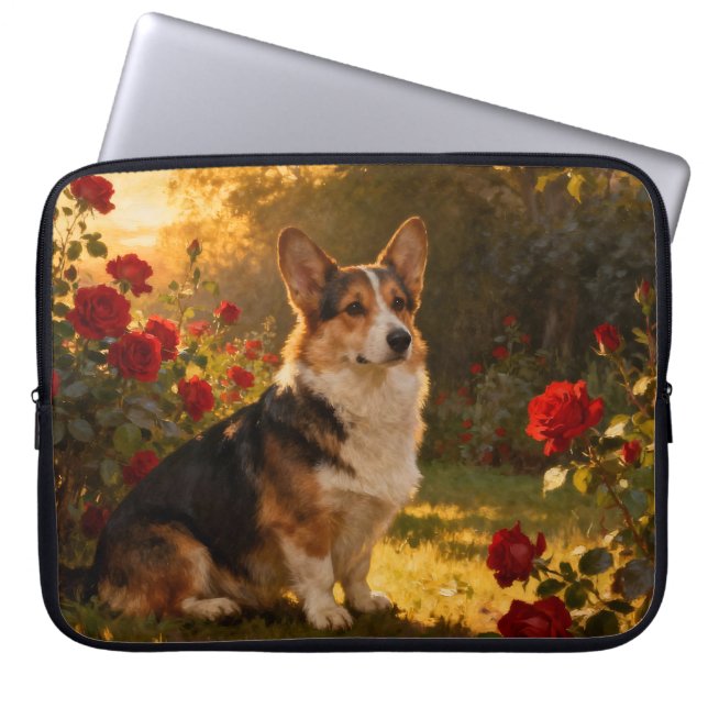 Corgi in den Rosen I Laptopschutzhülle (Vorderseite)