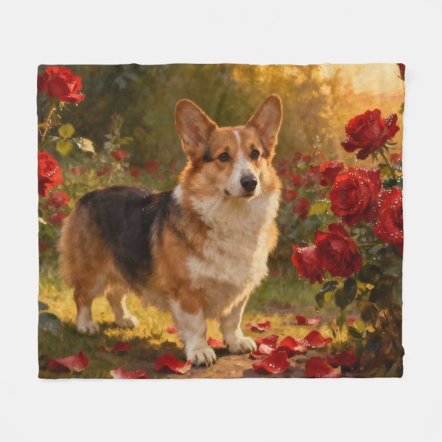 Corgi in den Rosen V Fleecedecke (Vorderseite (Horizontal))