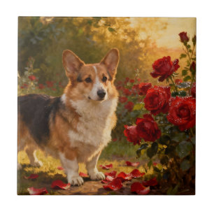 Corgi in den Rosen V Fliese