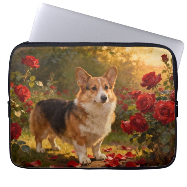 Corgi in den Rosen V Laptopschutzhülle (Vorderseite)