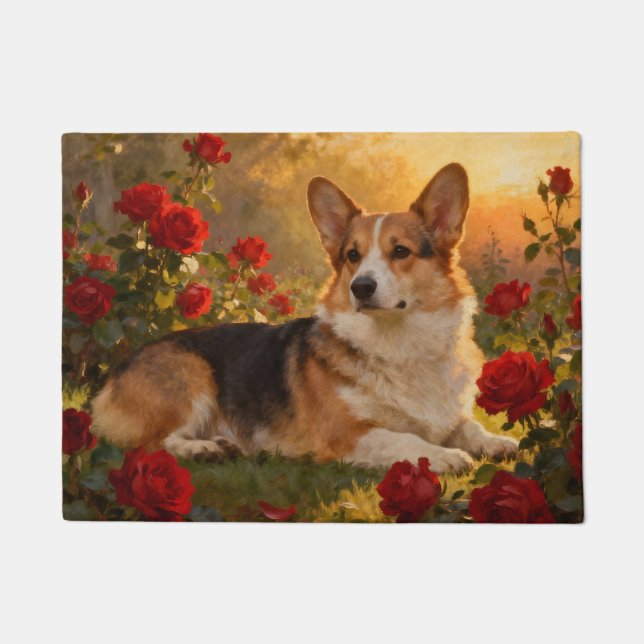 Corgi in den Rosen VI Fußmatte (Vorderseite)