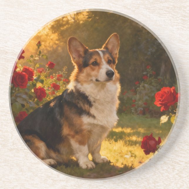 Corgi in the Roses I Getränkeuntersetzer (Vorne)