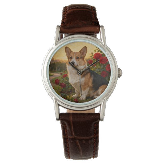 Corgi in the Roses II Armbanduhr (Vorderseite)