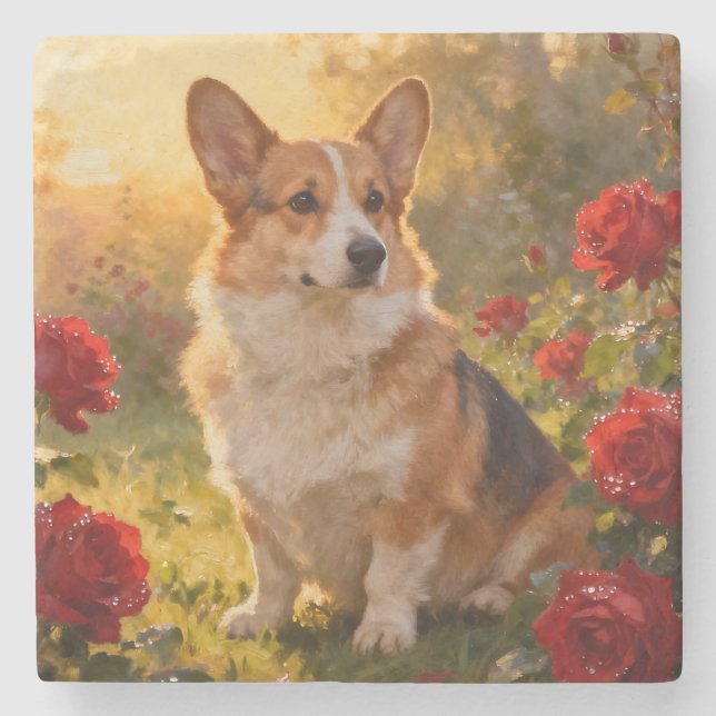 Corgi in the Roses III Steinuntersetzer (Vorderseite)