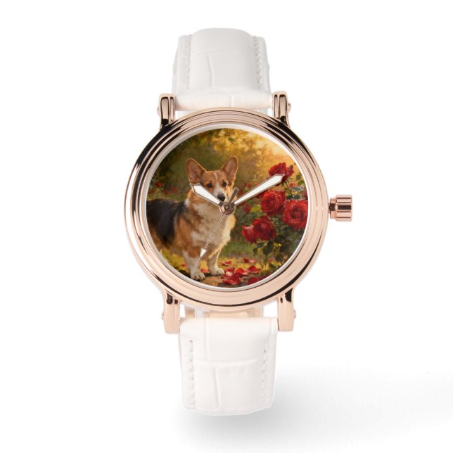 Corgi in the Roses V Armbanduhr (Vorderseite)