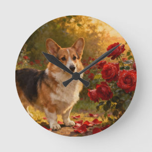 Corgi in the Roses V Runde Wanduhr