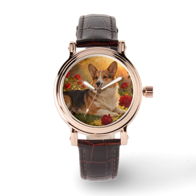 Corgi in the Roses VI Armbanduhr (Vorderseite)