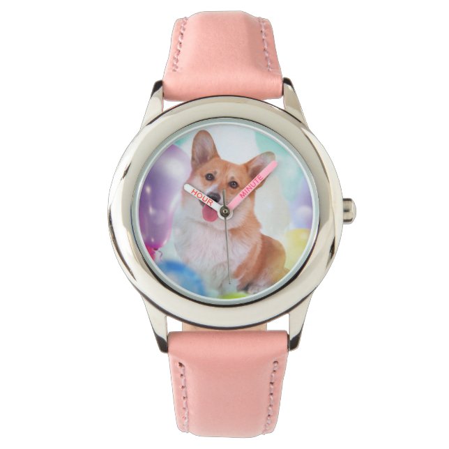 Corgi lächeln mit Balloons Armbanduhr (Vorderseite)