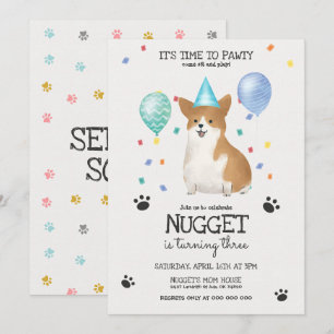 Corgi Lasse Pawty Dog Birthday Einladung Blue