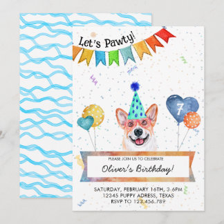 Corgi Lasse Pawty Dog Birthday Party Einladung
