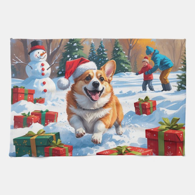 Corgi läuft im Schnee mit Weihnachtshut Geschirrtuch (Horizontal)