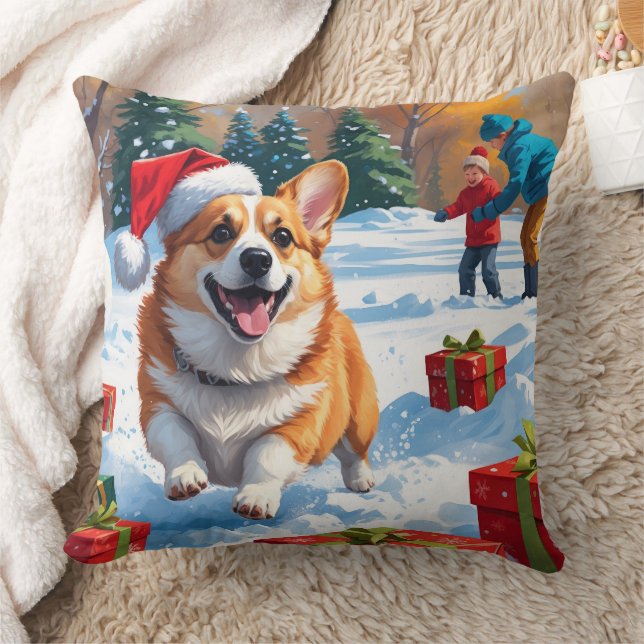 Corgi läuft im Schnee mit Weihnachtshut Kissen (Decke)