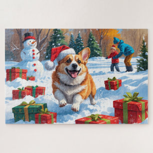 Corgi läuft im Schnee mit Weihnachtsmütze