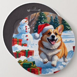 Corgi läuft im Schnee mit Weihnachtsmütze Button