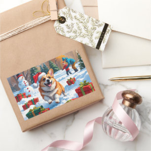 Corgi läuft im Schnee mit Weihnachtsmütze Rechteckiger Aufkleber