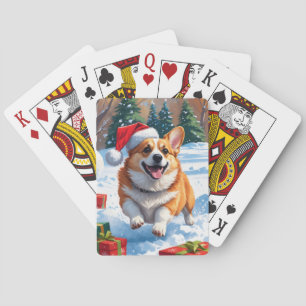Corgi läuft im Schnee mit Weihnachtsmütze Spielkarten