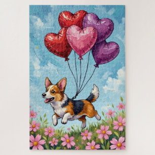 Corgi läuft mit Herzballons zum Valentinstag