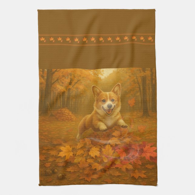 Corgi Leaf Leap Küchentücher (Vertikal)