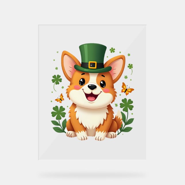 Corgi Lover Kleeblatt Happy St Patricks Day Acrylschild (Vorderseite)