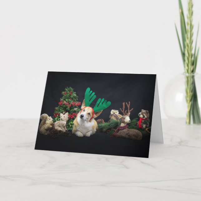 Corgi mit Antlers und Waldfreunden Weihnachten Karte (Vorderseite)