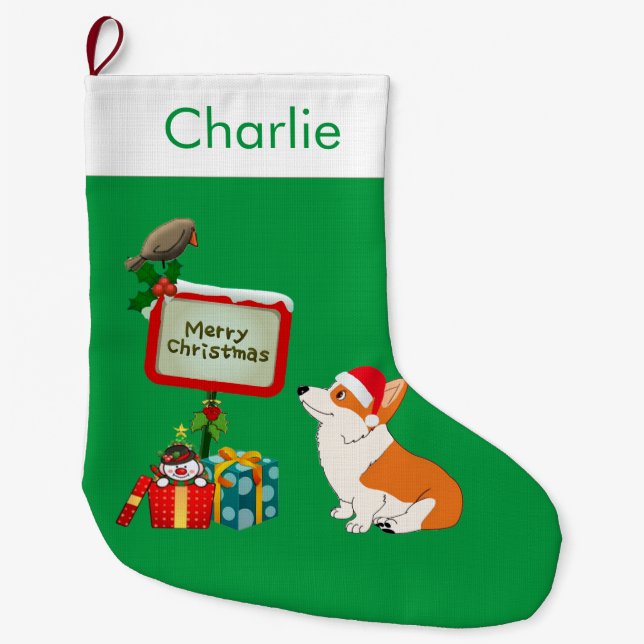 Corgi mit Weihnachtsmannmütze Großer Weihnachtsstrumpf (Vorderseite)