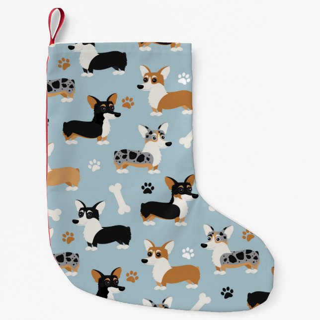 Corgi-Muster Blau Kleiner Weihnachtsstrumpf (Vorderseite)