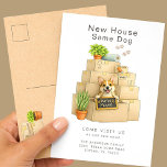 Corgi New House Moving Announcement Postkarte<br><div class="desc">Share your exciting news with this adorable Corgi moving announcement card featuring a happy corgi puppy peeking out from a stack of moving boxes holding a “We’ve Moved” sign. The sweet watercolor illustration and cozy moving details make it perfect for dog lovers announcing their new home. Personalize with your family...</div>