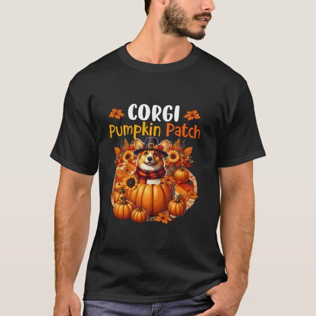 Corgi Niedlich Patch Erntedank Pumpkins Herbstlaub T-Shirt (Vorderseite)