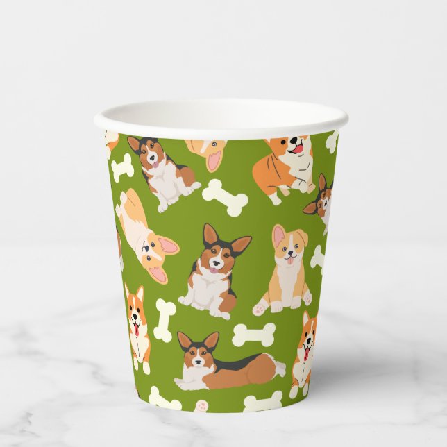 Corgi Niedlich Pattern Green Pappbecher (Vorderseite)