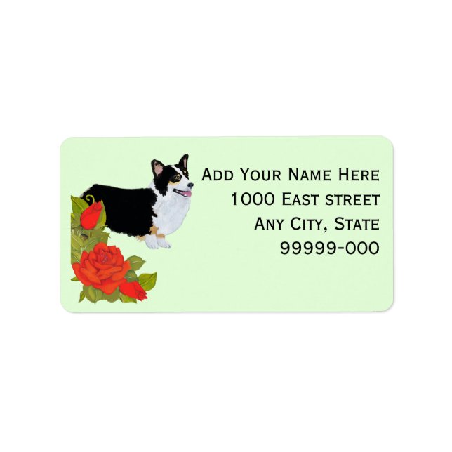 Corgi [Pembroke Welsh] auf Rote Rosen Adressaufkleber (Vorne)