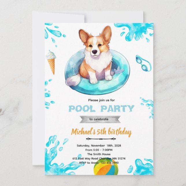 Corgi pool party Invite Einladung (Vorderseite)