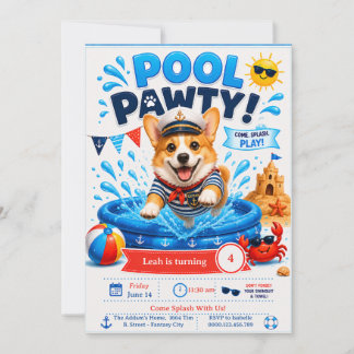 Corgi-Poolparty-Geburtstag - Maritimer Kapitän Einladung