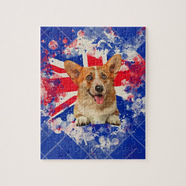 Corgi-Porträt mit Großbritannien-Flagge (Vertikal)