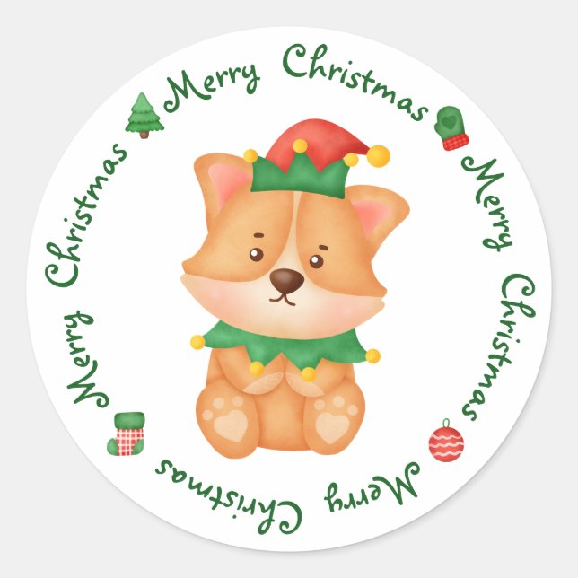 Corgi Puppy Dog Niedlich Elf Festival Frohe Weihna Runder Aufkleber (Vorderseite)