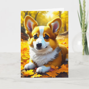 Corgi Puppy Dog Spielen im Herbst Blätter Karte