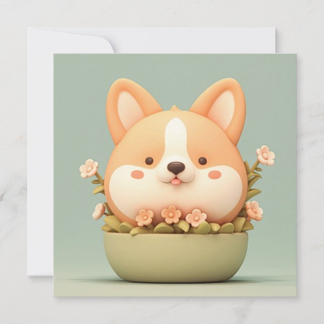 Corgi Puppy in Cute 3D Clay Floral Bowl Postcard (Vorderseite)