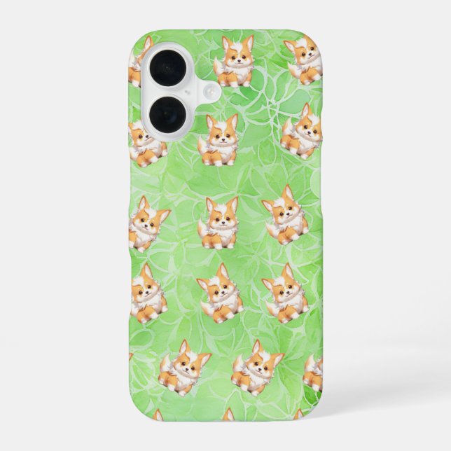 Corgi Puppy with Green Leaves Pattern Phone Case iPhone 16 Hülle (Rückseite)