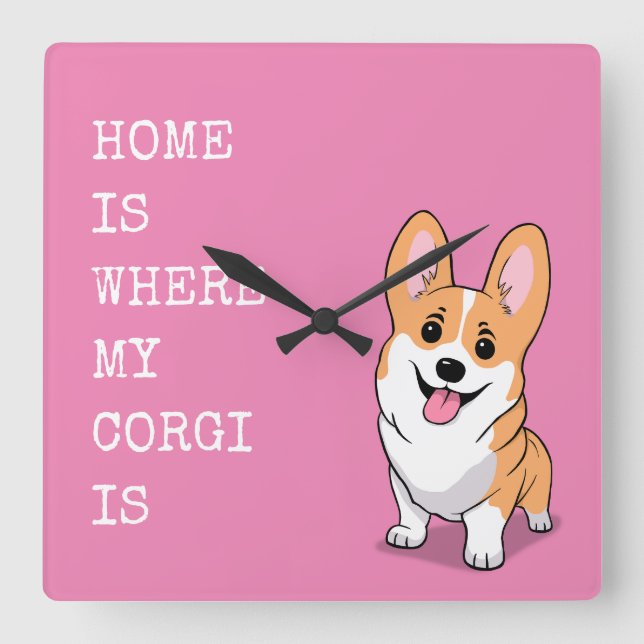 Corgi Quadratische Wanduhr (Vorderseite)