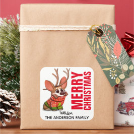 Corgi Reindeer Weihnachtslabel Quadratischer Aufkleber