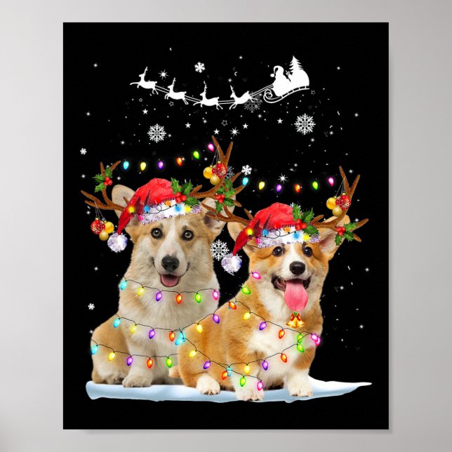 Corgi Reindeer Weihnachtsmannmütze Xmas Lights Wei Poster (Vorne)