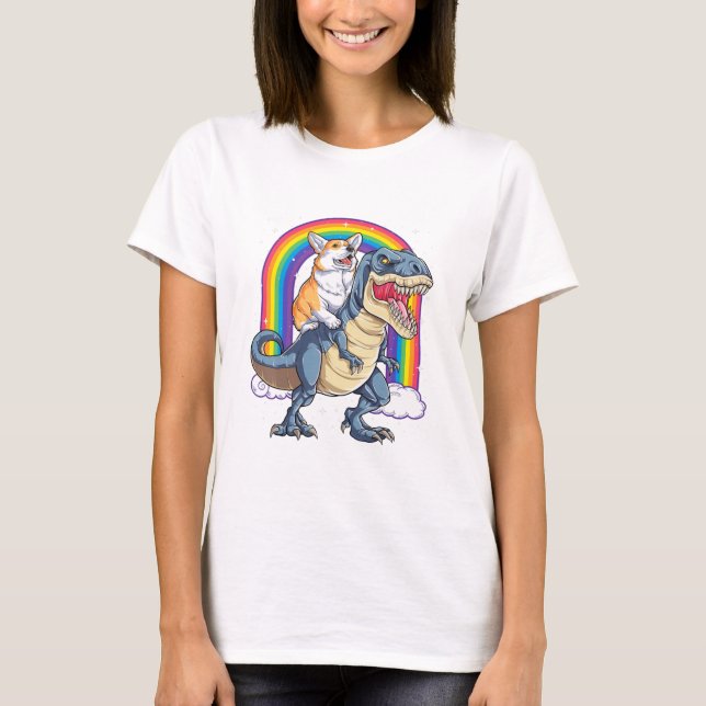 Corgi Riding Dinosaur T rex Funny Space Galaxy Rai T-Shirt (Vorderseite)