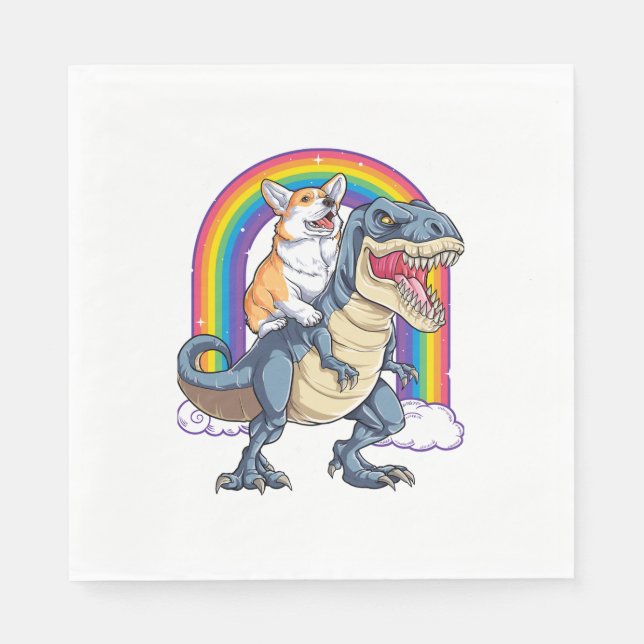Corgi Riding Dinosaur T rex Shirt Funny Rainbow Do Serviette (Vorderseite)