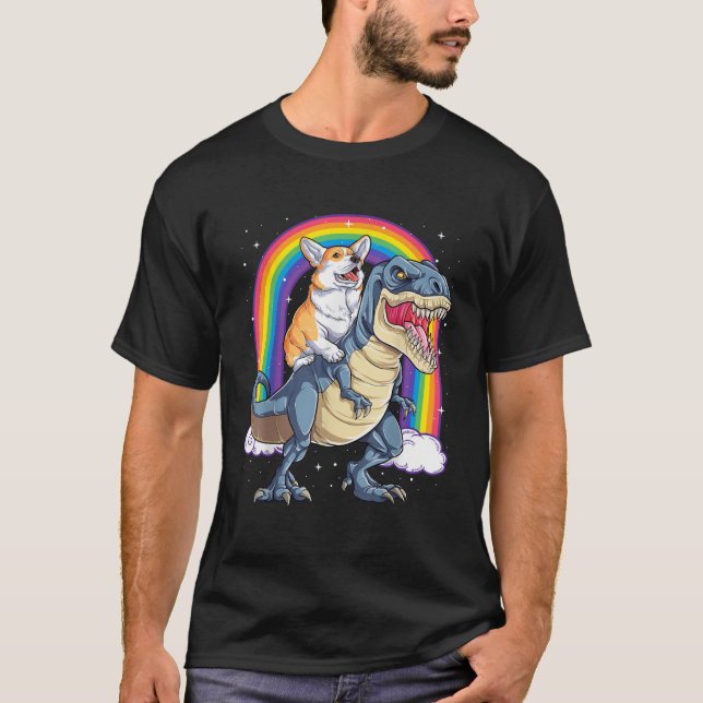 Corgi Riding Dinosaur T rex T-Shirt (Vorderseite)