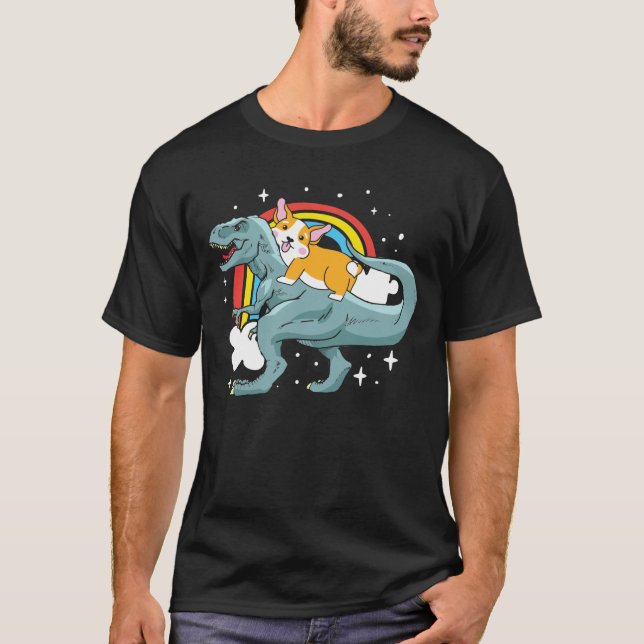 Corgi Riding Dinosaur T-Shirt (Vorderseite)